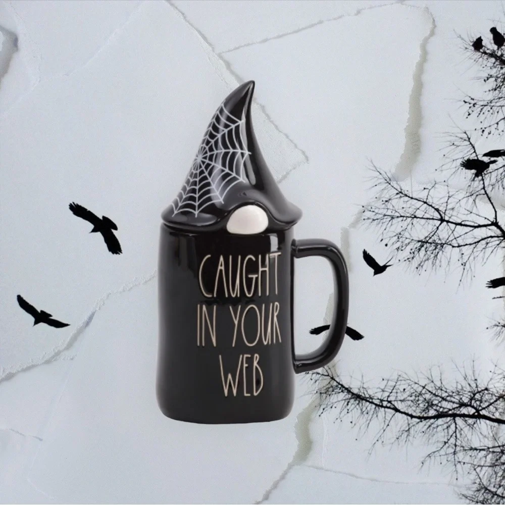 Rae Dunn CAUGHT IN YOUR WEB & Candy Corn Gnome Mugs NEW Halloween Mug Set